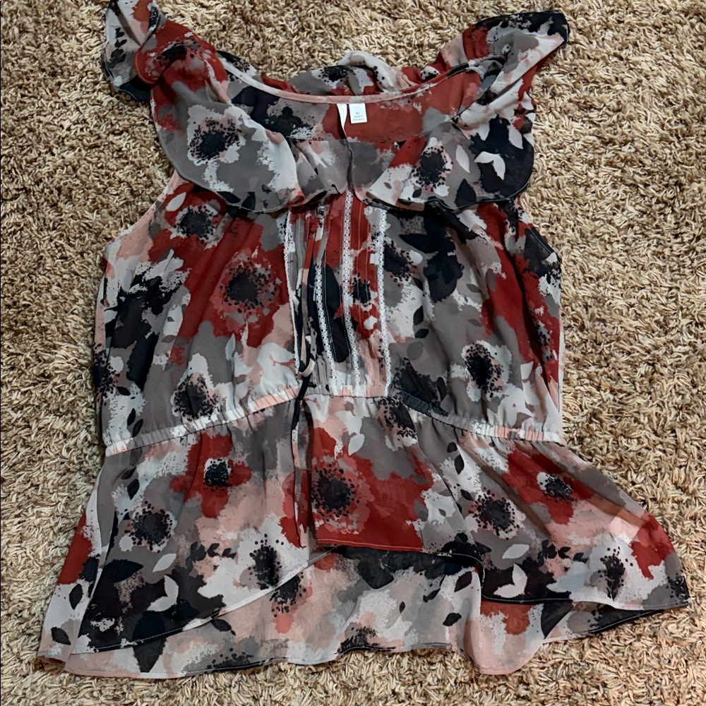 Floral Ruffle Sleeveless Blouse - Red & Grayl& Black size XL